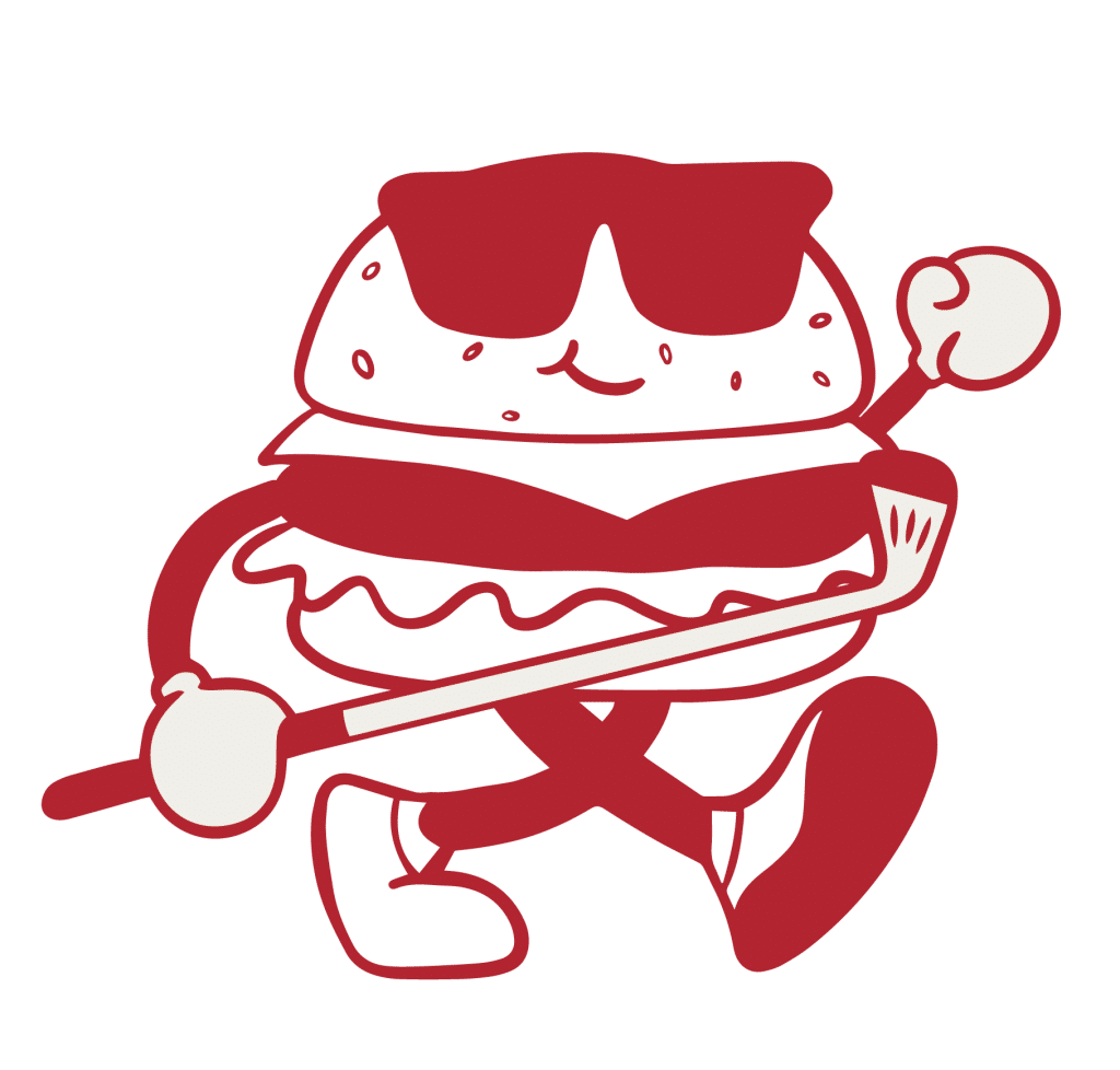 Burger character with a golf club wearing sunglasses